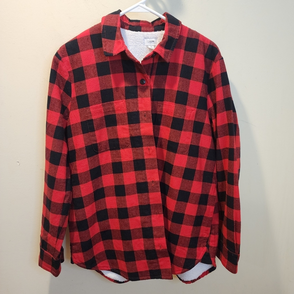 J CREW Women's  Red and Black Plaid Button-Up Fleece Shirt Size S
